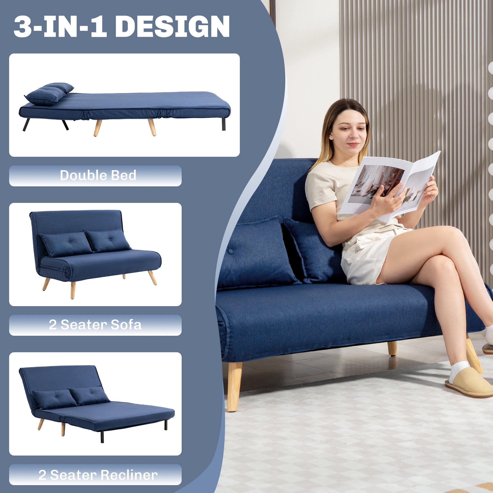 HOMCOM Two-Seater Linen-Look Sofa Bed - Dark Blue