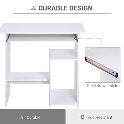 HOMCOM Compact Small Computer Table Wooden Desk Keyboard Tray Storage Shelf Modern Corner Table Home Office White 