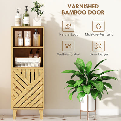 HOMCOM Slim Bathroom Cabinet with Bamboo Door and Legs, Narrow Bathroom Storage Cabinet, Freestanding Storage Cupboard with Open Compartments, 32 x 30 x 90 cm, Natural Wood Finish 