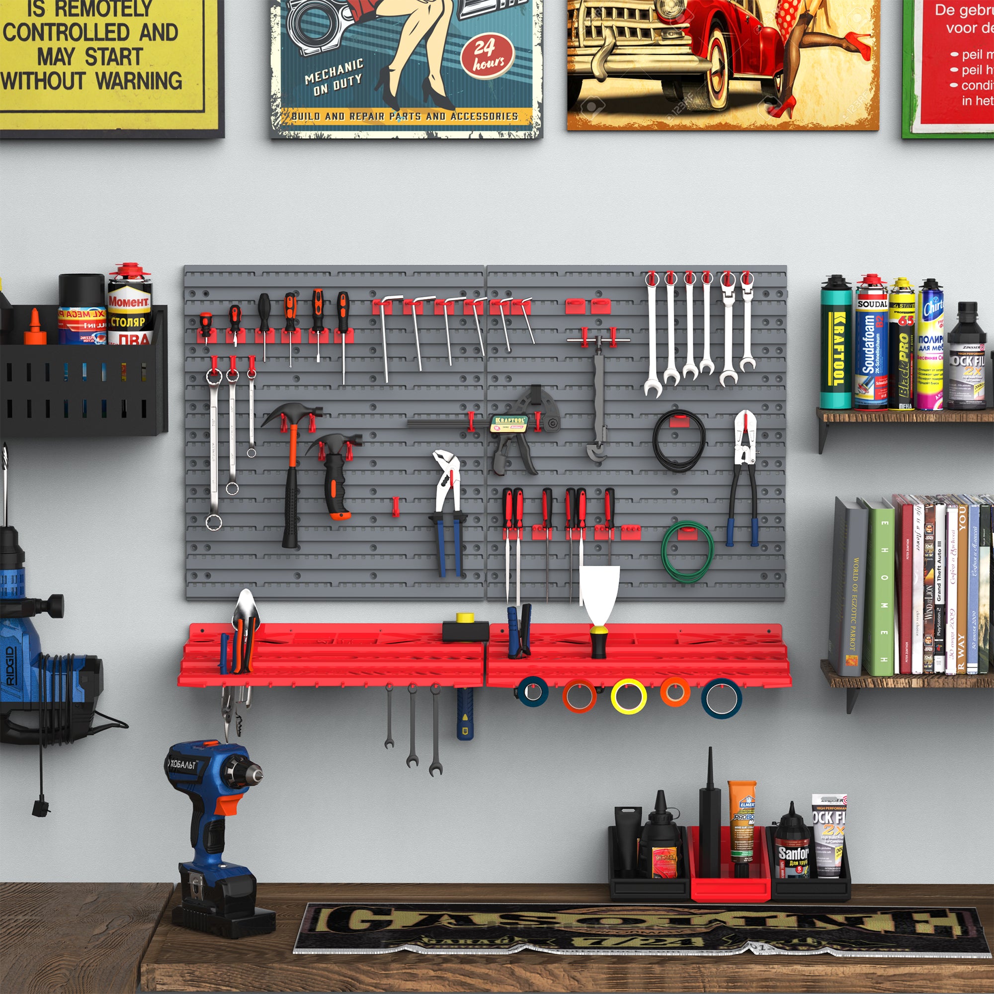 DURHAND 54 Pcs On-Wall Tool Equipment Holding Pegboard Home DIY Garage Organiser DIY w/ 50 Pegs 2 Shelves 