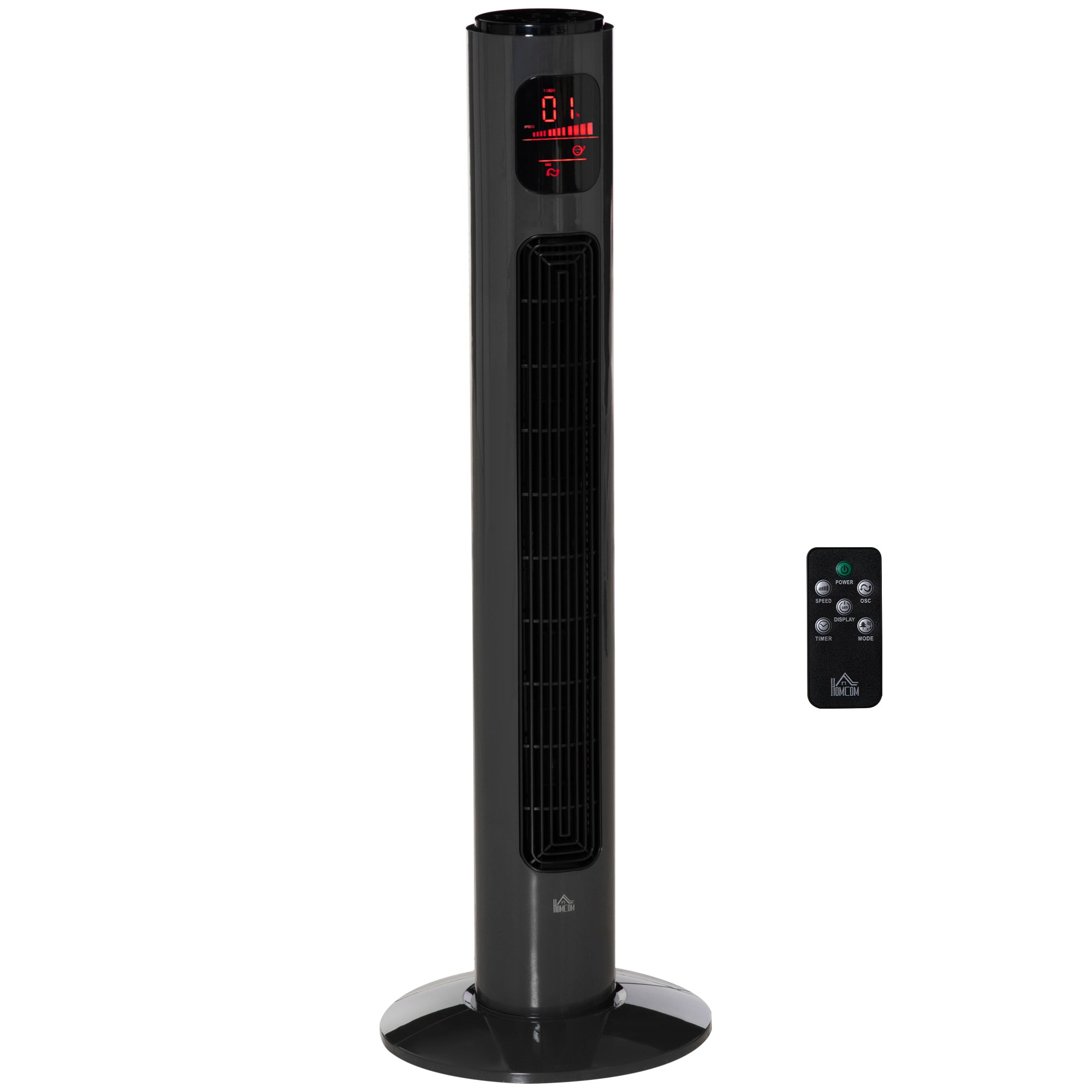 HOMCOM 38'' Freestanding Tower Fan, 3 Speed 3 Mode, 12h Timer, 70 Degree Oscillation, LED Panel, 5M Remote Controller, Dark Grey 