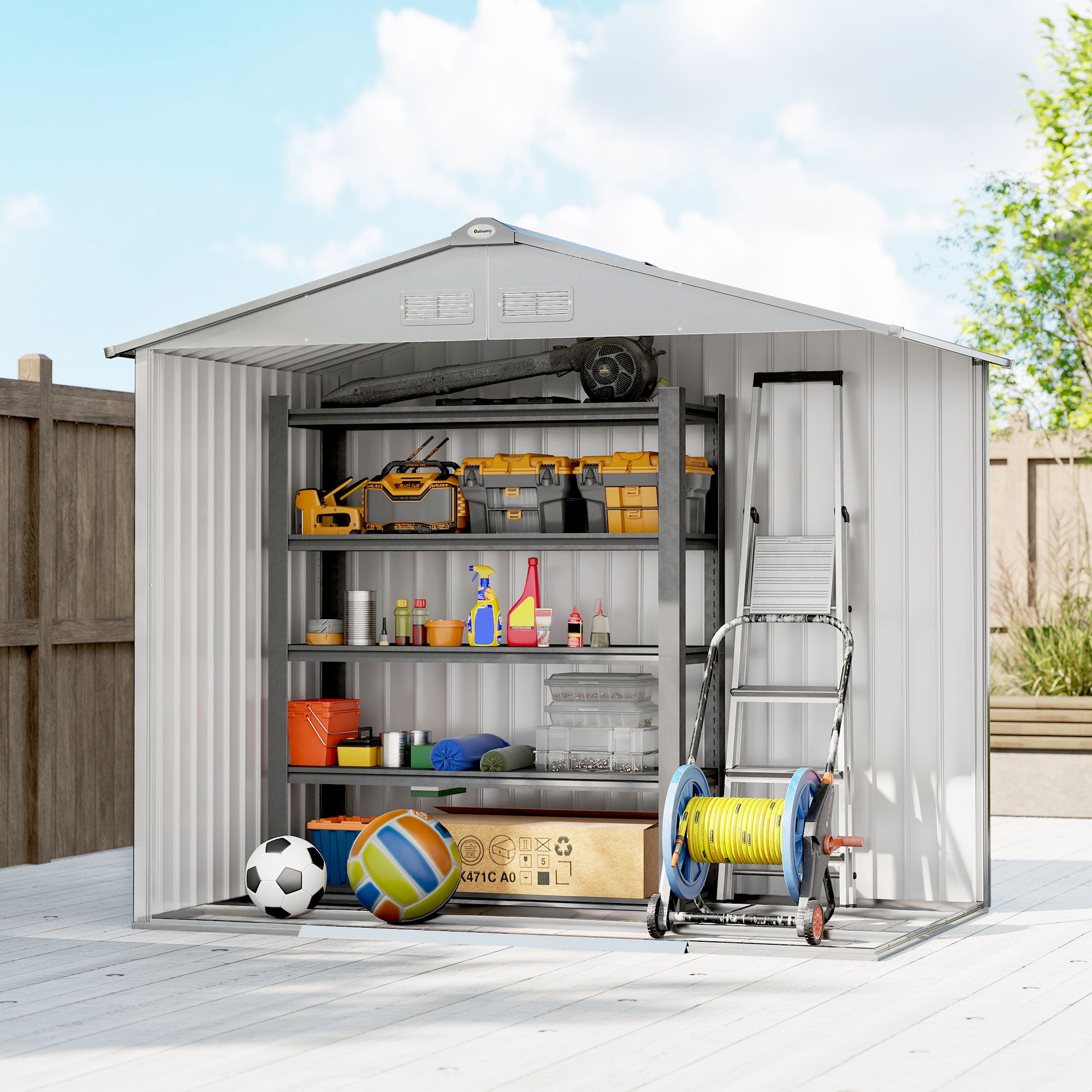 Outsunny 7 x 4ft Lockable Metal Garden Tool Storage Shed Storage - Light Grey 