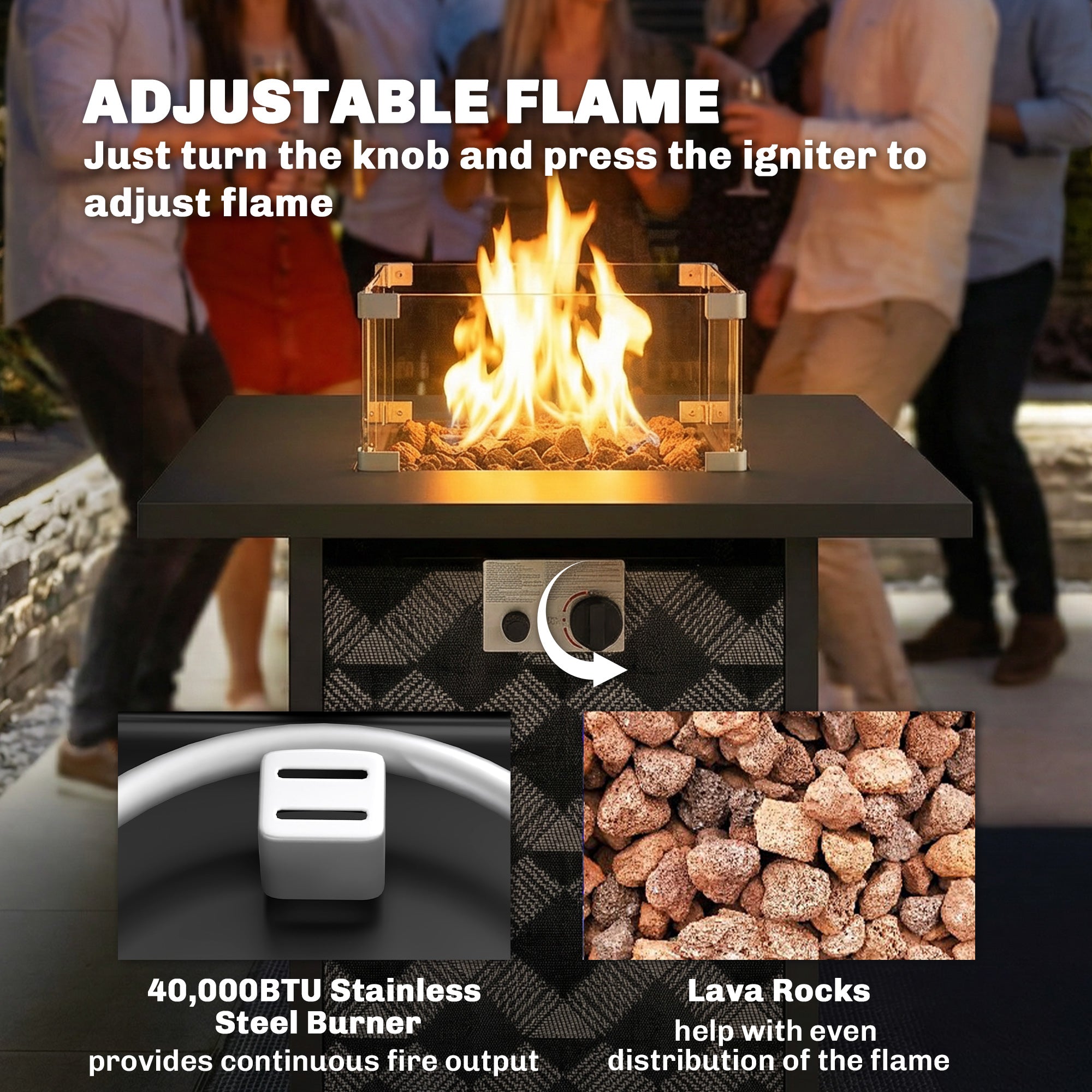 Outsunny Square Propane Gas Fire Pit Table,12 KW Firepit Outdoor Patio Heater with Glass Wind Guard, Lava Rocks, Gas Tank Holder 