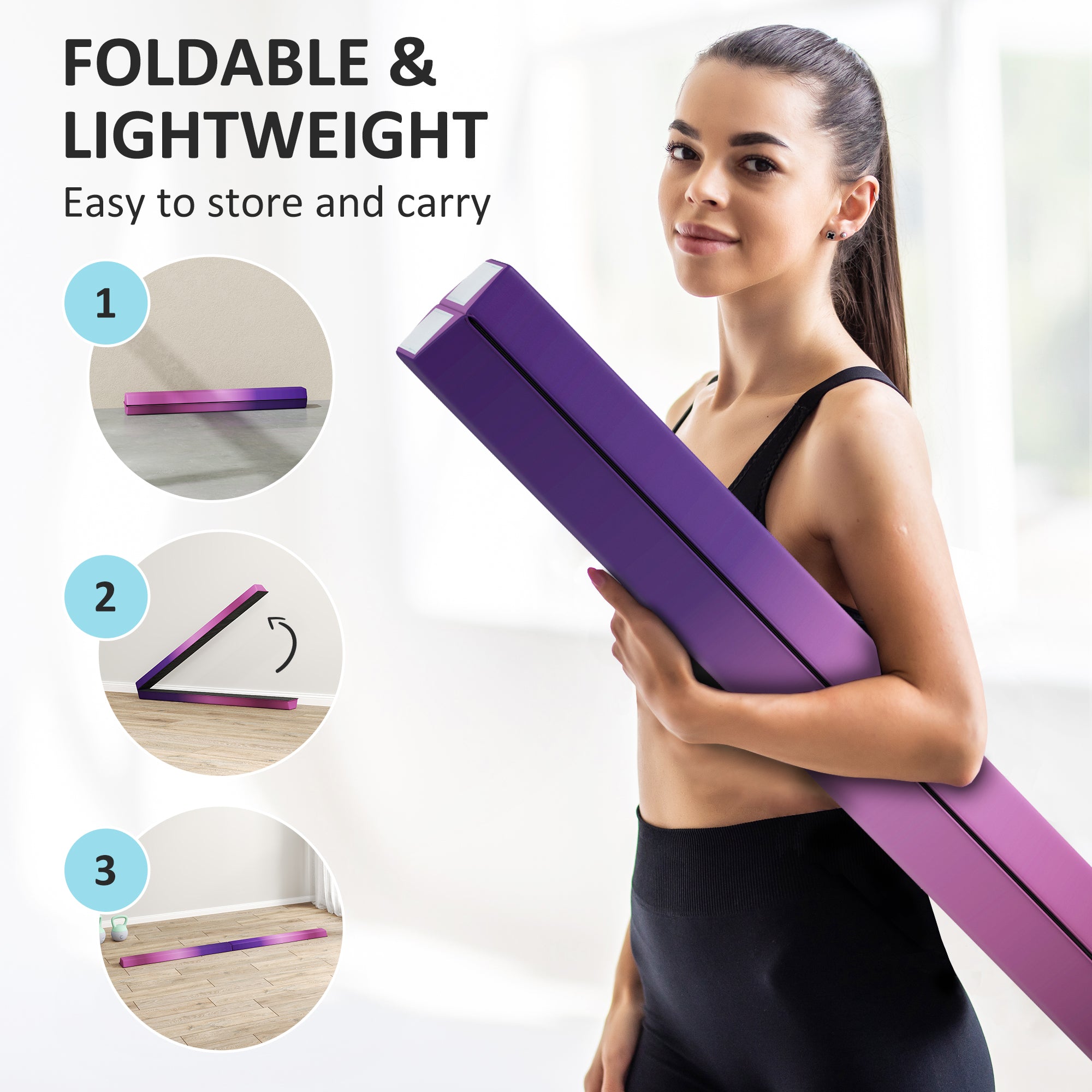 SPORTNOW 7.7ft Folding Gymnastics Beam, Floor Balance Beam for Kids with Anti-Slip Base, Gymnastics Equipment for Home, Purple 