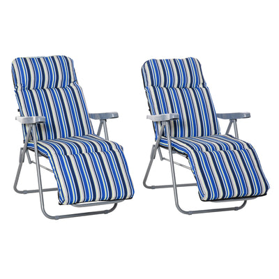 Outsunny Reclining Garden Chair Set of 2, 5-Level Adjustable Zero Gravity Chairs with Cushions, Folding Sun Lounger Garden Recliner Chairs with Armrests for Outdoor, Patio, Blue Stripe 