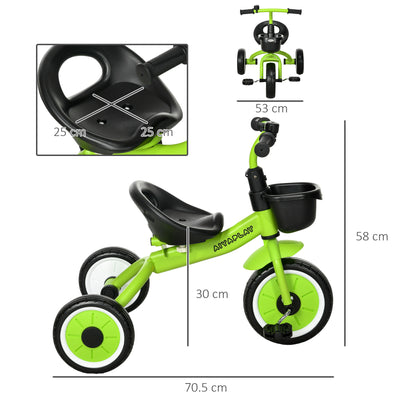 AIYAPLAY Kids Trike, Tricycle, with Adjustable Seat, Basket, Bell, for Ages 2-5 Years - Green 