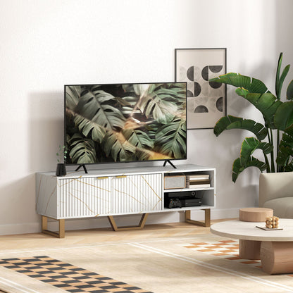 HOMCOM Marble Effect TV Unit, TV Stand Cabinet for up to 70" TVs, Modern TV Cabinet with Shelves and Storage Cupboard, Fluted Door, Extra Centre Leg, Cable Management for Living Room, White 