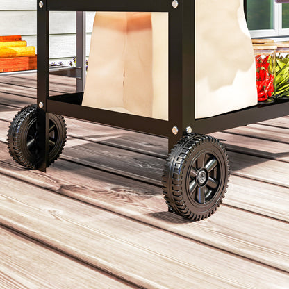 Outsunny BBQ Trolley with Stainless Steel Top Adjustable Shelf, Outdoor Kitchen BBQ Station with Hooks Seasoning Tray Towel Rack, Pizza Oven Table Movable Outdoor Grill Dining Cart with Cover, Black 
