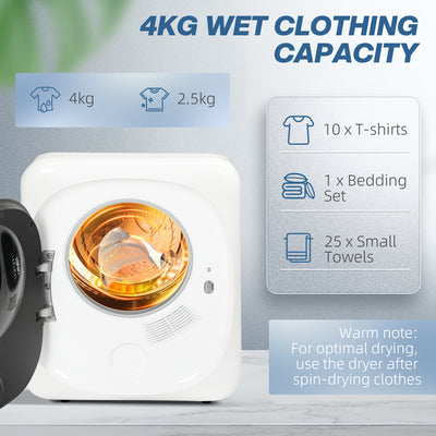 HOMCOM 4kg Vented Tumble Dryer with Deodorize, Smart Mode, 800W Compact Tumble Dryer with Stainless Steel Tub, Front Load, for Flat, Home, RVs, White 