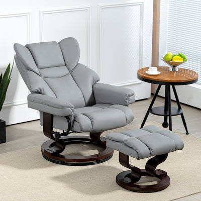 HOMCOM Faux Leather Recliner Chair and Footstool, Swivel Upholstered Armchair and Footstool with Adjustable Backrest, Solid Wood Base for Living Room, Light Grey 