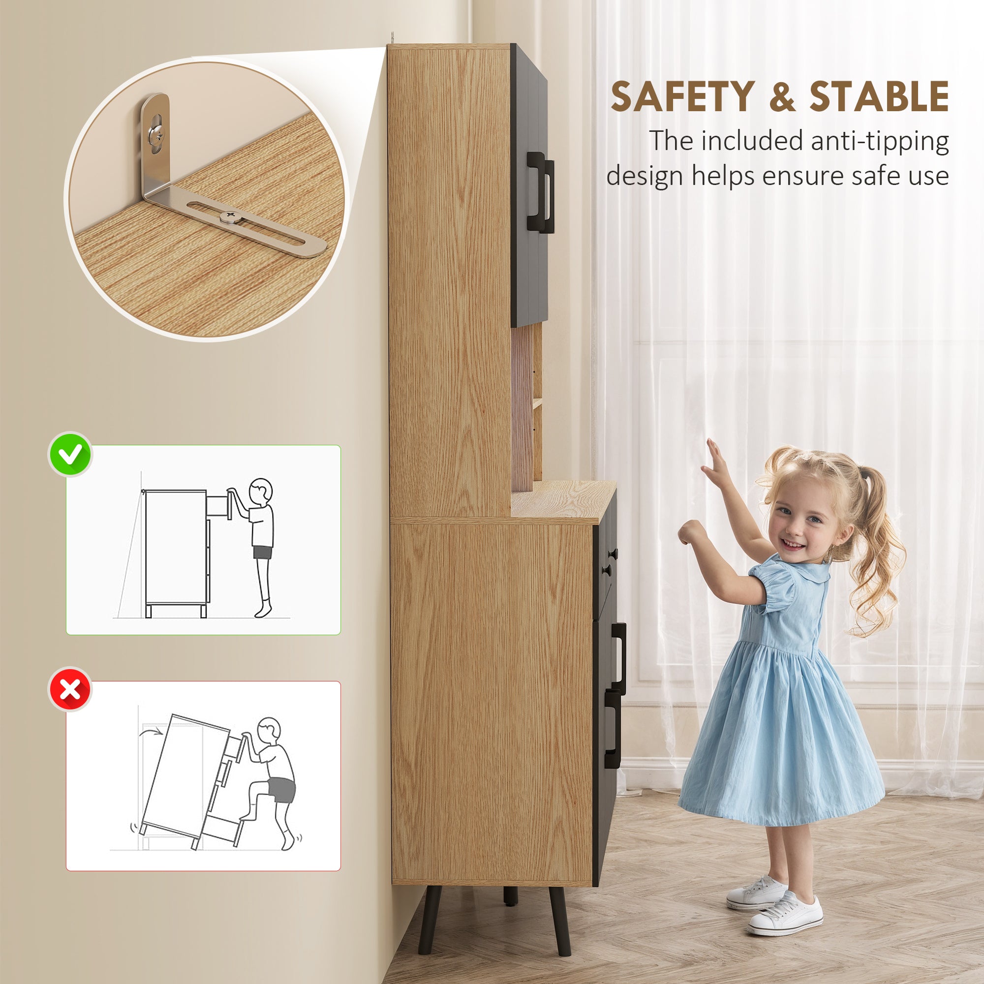 HOMCOM 176 cm Kitchen Cupboard with LED Lights - Oak and Black