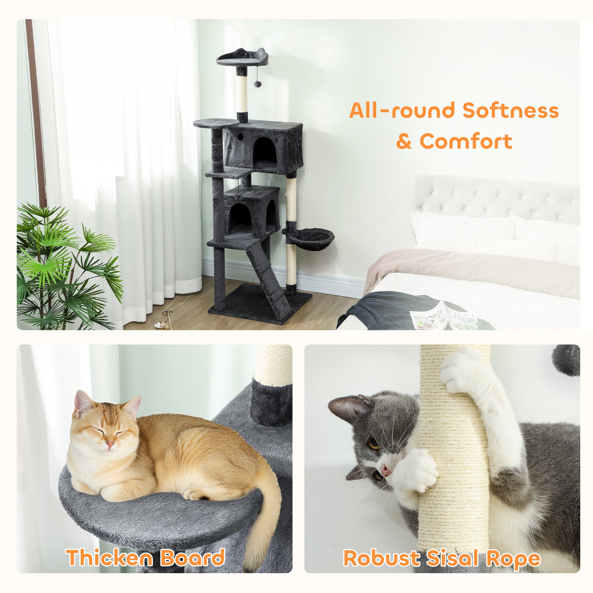 PawHut 180cm Large Cat Tree Tower with Sisal Scratching Posts, Condos, Plush Perches, Hammock, Ladder, Dark Grey 