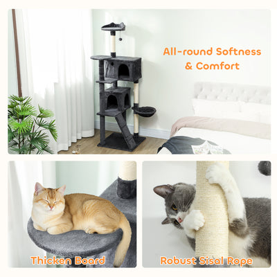 PawHut 180cm Large Cat Tree Tower with Sisal Scratching Posts, Condos, Plush Perches, Hammock, Ladder, Dark Grey 