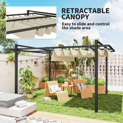 Outsunny 3 x 4m Aluminium Pergola, with Retractable Roof - Grey/Khaki 