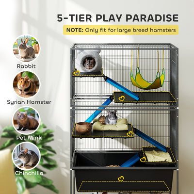 PawHut 5 Levels Rolling Small Animal Cage with Non Slip Ramps, Slide Out 16cm Deep Tray, 88 x 48 x 150.5cm, Dark Grey 