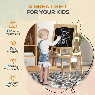 AIYAPLAY Kids Easel with Paper Roll, 3 in 1 Art Easel for Toddlers, Double-Sided Kids Whiteboard Blackboard with Storage Baskets for Ages 3-6 Years - Natural Wood Finish 