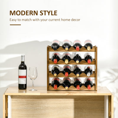 HOMCOM Free Standing Bamboo Wine Rack with 16 Bottles Holder, 4-tier Water Bottle Organiser, Display Shelf for Countertop, Home Bar, Brown 
