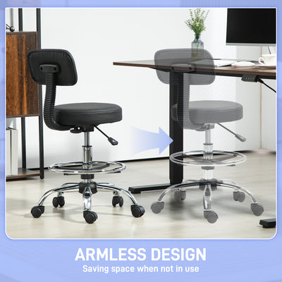 HOMCOM Drafting Chair, Office Chair with Backrest and Adjustable Footrest, Height Adjustable Stool, Leather Padded Rolling Task Chair for Home Office, Black 