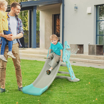 HOMCOM Kids Slide 2 in 1 Toddler Freestanding slide with Basketball Hoop Indoor/Outdoor Use Deer Shaped for 18 months -4 Years Old Blue 