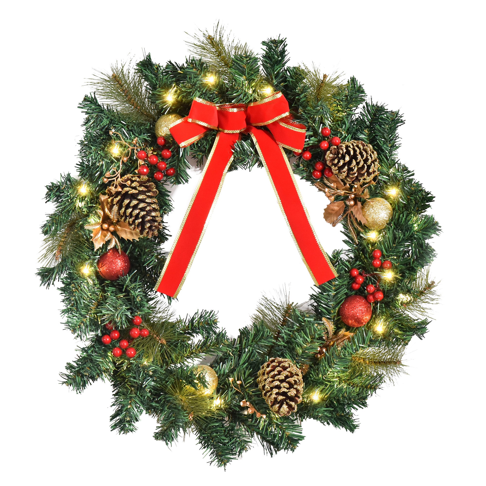 HOMCOM 60cm Pre-Lit Artificial Christmas Door Wreath Holly LED Decor Pine Cones Hanging Glittered Festival Indoor Outdoor Decoration 