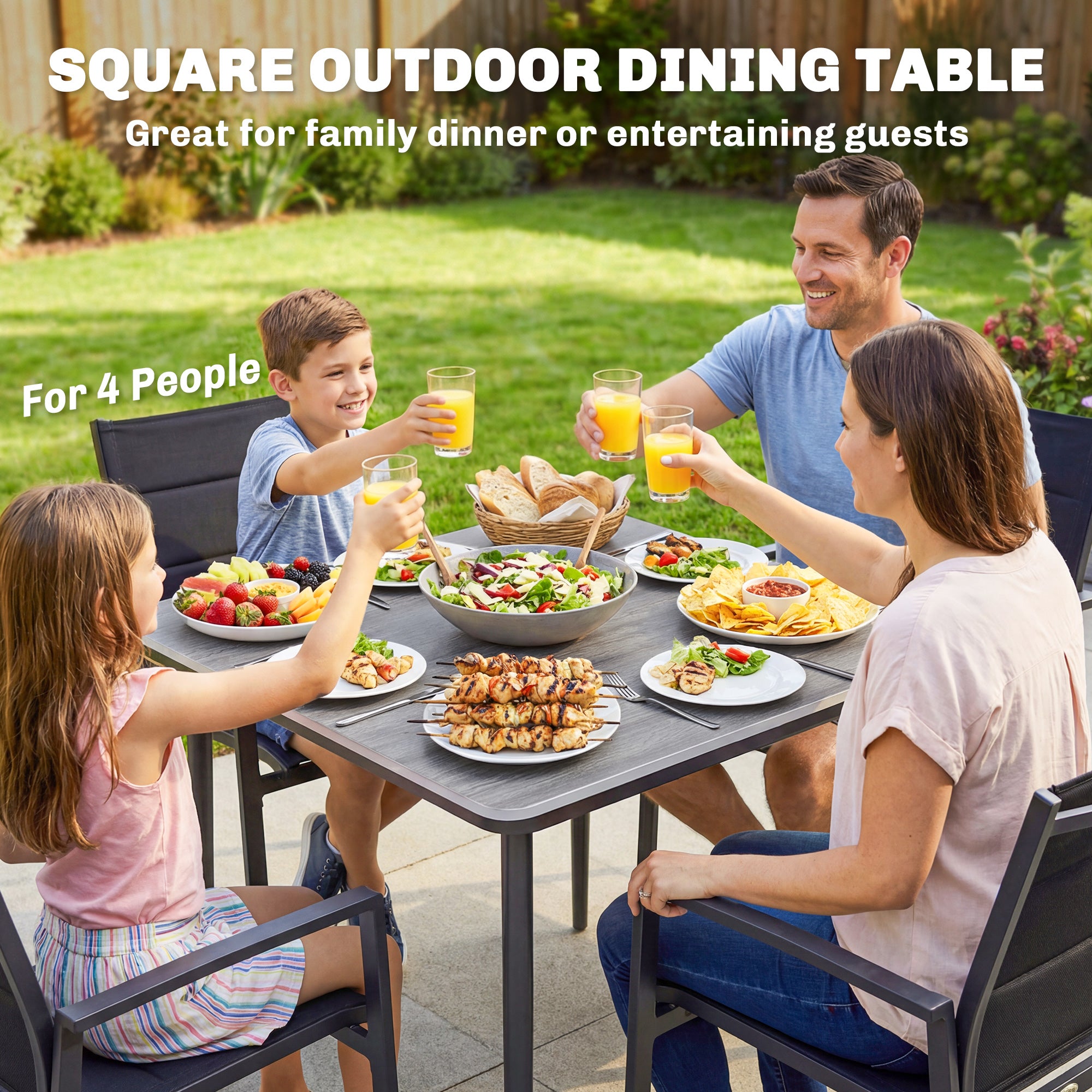 Outsunny Garden Dining Table for 4, 85 cm Square Outdoor Table with Umbrella Hole, Faux Wood Top, Metal Legs, Light Grey 