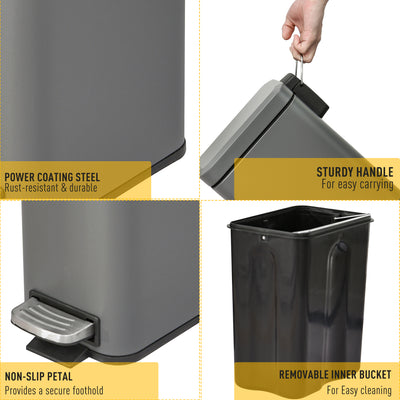 HOMCOM 5L Rectangular Compact Bin Steel Body Removable Bucket Quiet-Close Lid w/ Pedal Lid Rubbish Trash Can Home Office Bedroom Bathroom Living Room Garbage Tidy Clean Grey 