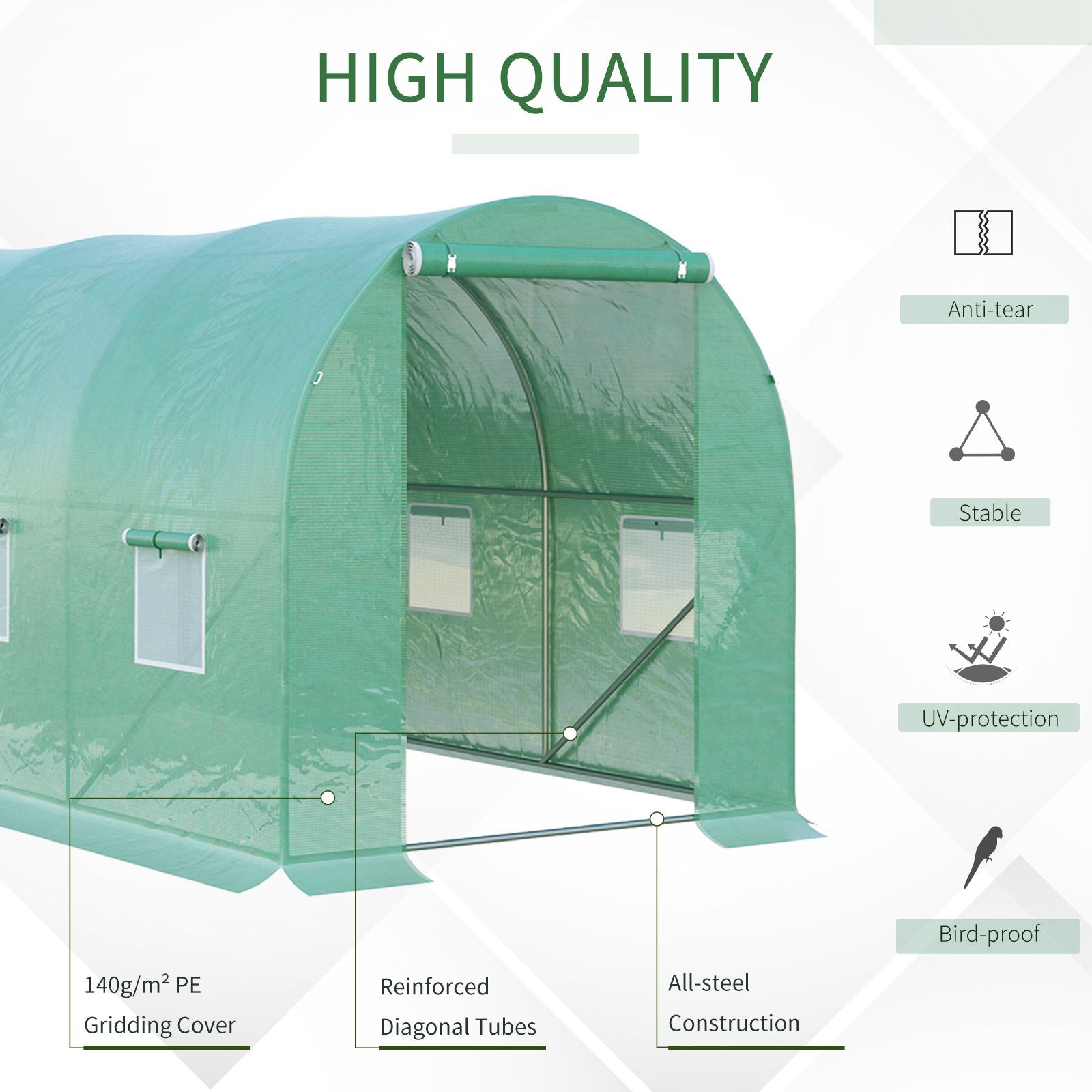 Outsunny 4 x 2 x 2 m Polytunnel Greenhouse with Roll-up Door and 6 Mesh Windows, Walk-in Garden Tunnel Warm House Tent with UV-resistant PE Cover and Galvanised Steel Frame, Green 