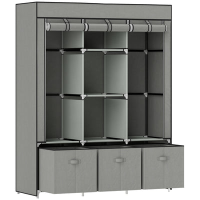 HOMCOM Fabric Wardrobe for Bedroom, Portable Wardrobe with 5 Shelves, 2 Hanging Rails and 3 Fabric Drawers, Foldable Closet, 125 x 43 x 162.5cm, Light Grey 