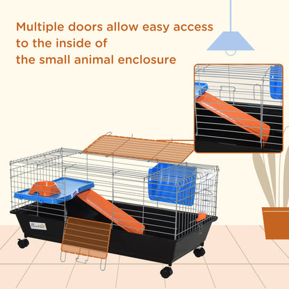 PawHut Small Animal Cage Rabbit Guinea Pigs Chinchillas Cage w/ Wheels Water Bottle Food Dish Platform Ramp 89 x 44 x 43 cm Black 