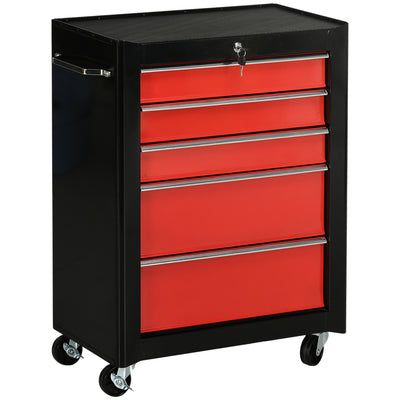 HOMCOM 5-Drawer Tool Chest, Lockable Steel Tool Storage Cabinet with Wheels and Handle Tool Box for Garage, Workshop, Red 