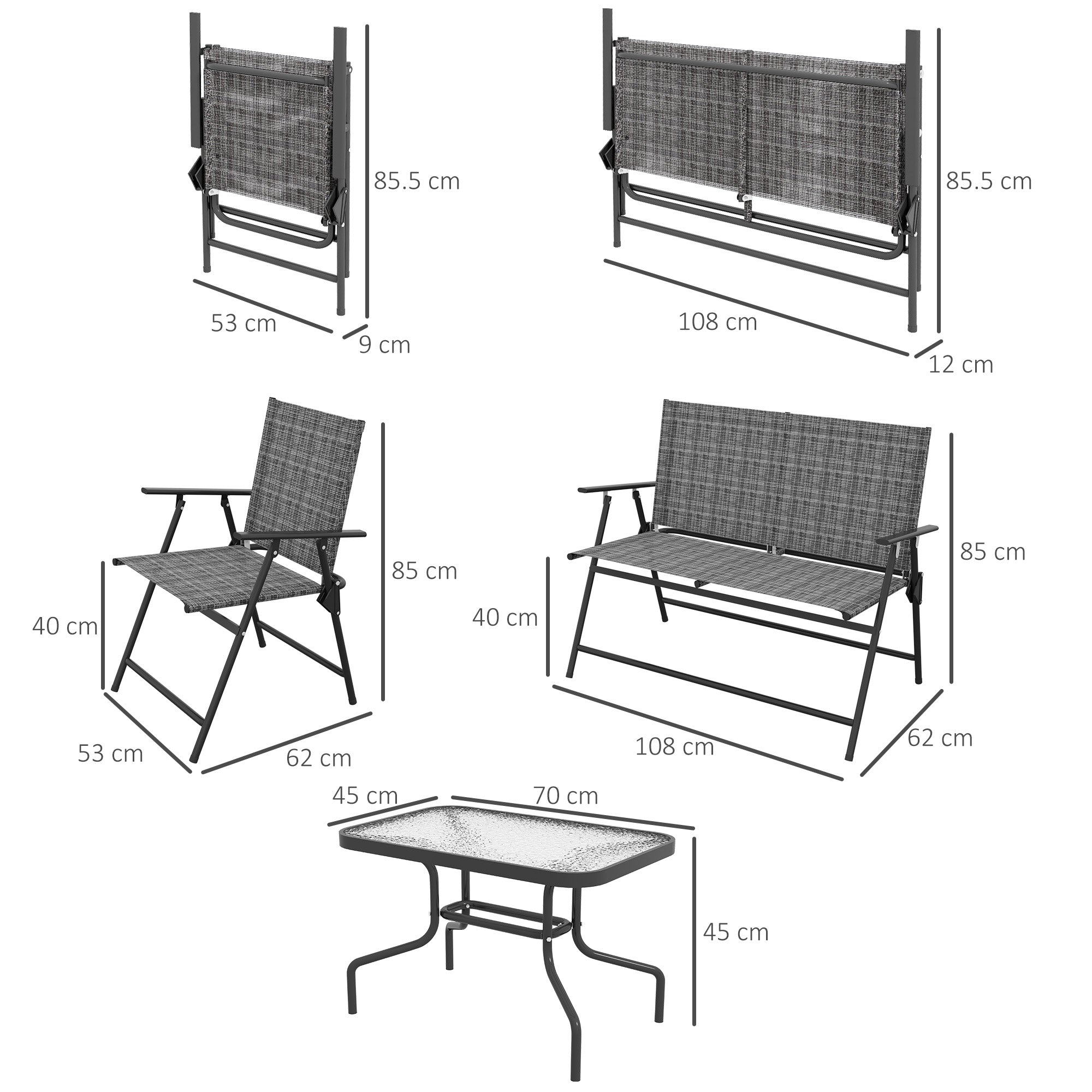Outsunny Outdoor\'c2\'a04 Pieces Patio Furniture Set with Breathable Mesh Fabric\'c2\'a0Seat & Backrest,\'c2\'a0Garden Set with Two Foldable Armchairs, a Loveseat &\'c2\'a0Glass\'c2\'a0Top\'c2\'a0Table, Mixed Grey
