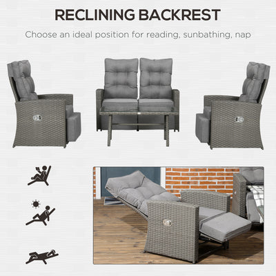 Outsunny 4 Piece Rattan Garden Furniture Set Outdoor Sofa Sectional Set with Glass Top Table for Poolside, Grey 