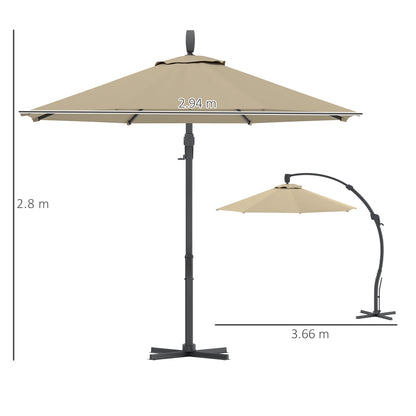 Outsunny 3(m) Garden Cantilever Parasol, Round Overhanging Umbrella with Crank Handle, Cross Base, Aluminium Frame and 360° Rotation, Banana Patio Umbrella for Outdoor Sun Shade, Khaki 