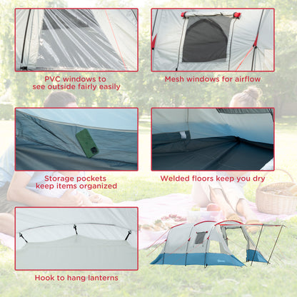 Outsunny 6-8 Person Tunnel Tent, Camping Tent with Bedroom, Living Room, Sewn-in Floor, 3 Doors and Carry Bag, 2000mm Water Column for Fishing, Hiking, Sports, and Traveling, Blue 