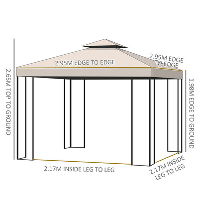 Outsunny 3 x 3 m Garden Gazebo Double Roof Marquee Patio Wedding Party Tent Canopy Shelter with Sidewalls, (Beige) 