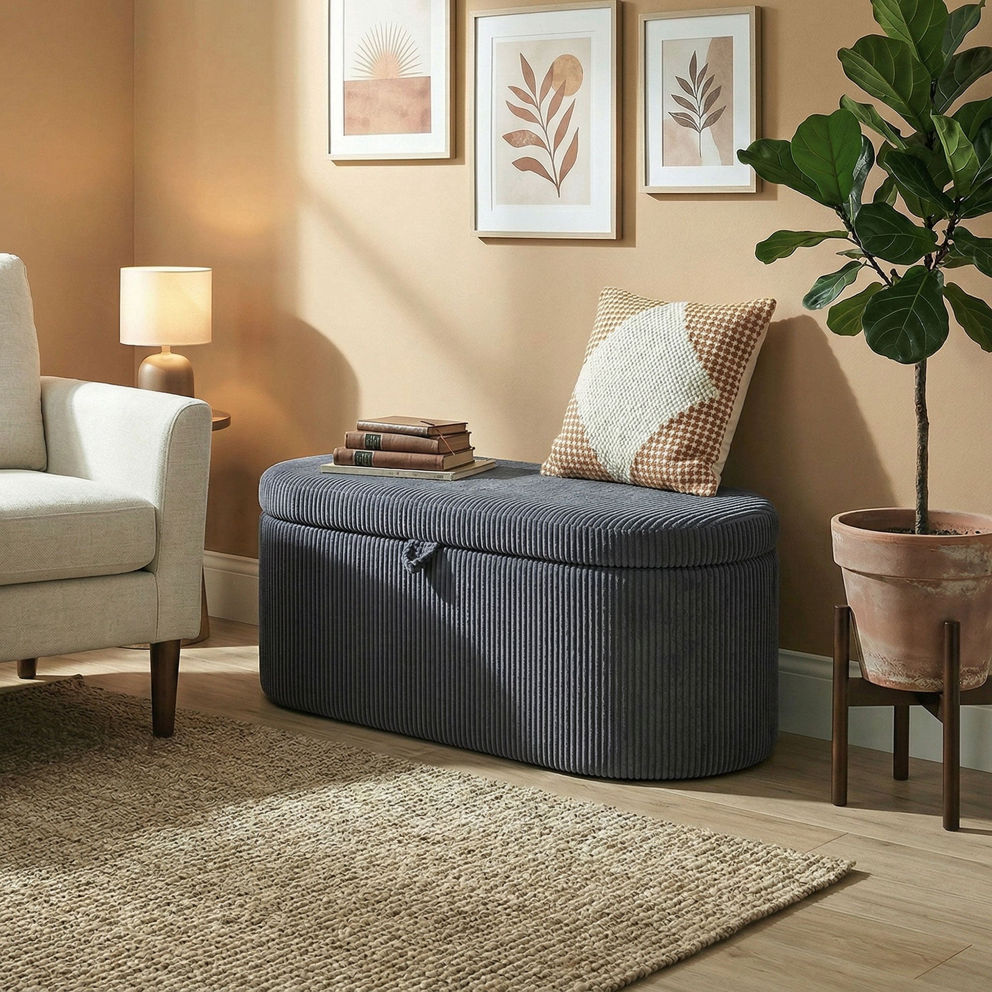 HOMCOM Storage Ottoman, Corduroy Upholstered Ottoman Storage Box with Padded Seat, 105 x 51 x 49 cm, Dark Grey 