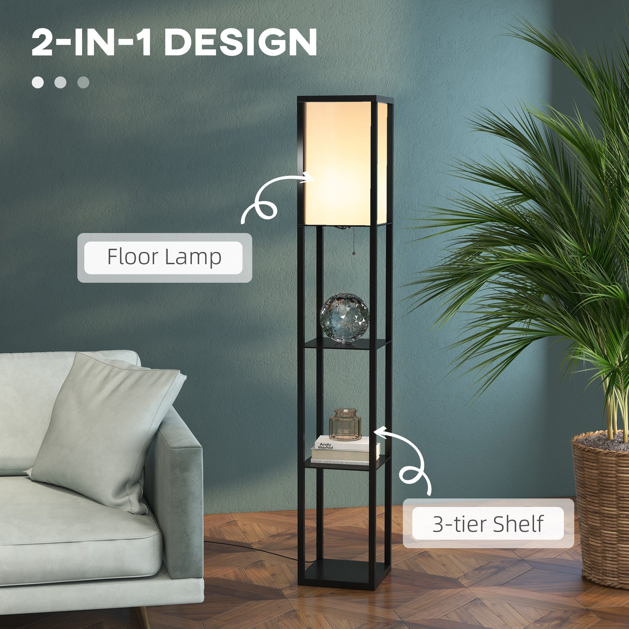 HOMCOM 3-Tier Floor Lamp, Floor Light with Storage Shelf, Reading Standing Lamp for Living Room, Bedroom, Kitchen, Dining Room, Office, Dorm, 160cm, Black 