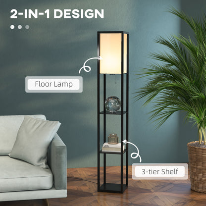 HOMCOM 3-Tier Floor Lamp, Floor Light with Storage Shelf, Reading Standing Lamp for Living Room, Bedroom, Kitchen, Dining Room, Office, Dorm, 160cm, Black 
