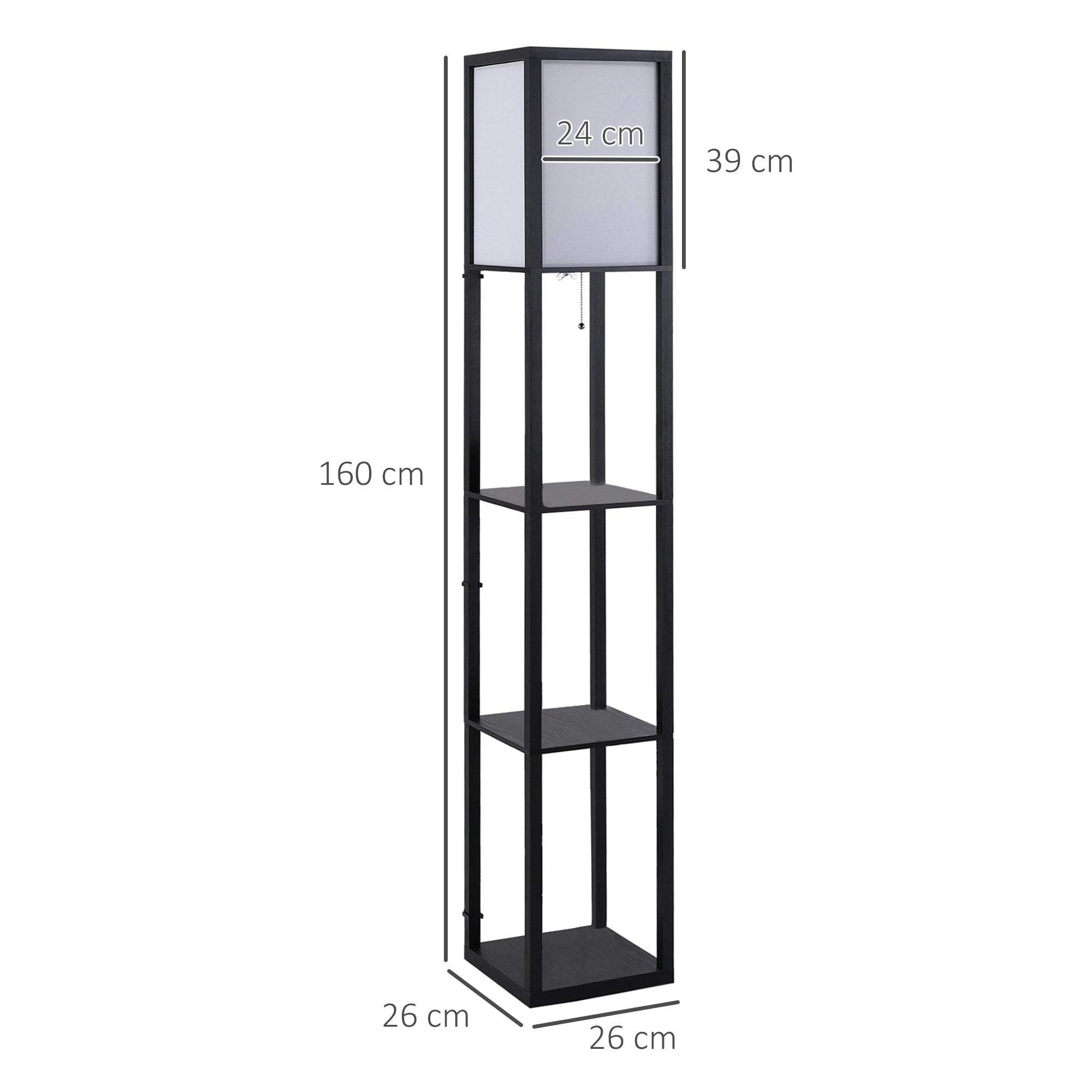 HOMCOM 3-Tier Floor Lamp, Floor Light with Storage Shelf, Reading Standing Lamp for Living Room, Bedroom, Kitchen, Dining Room, Office, Dorm, 160cm, Black 
