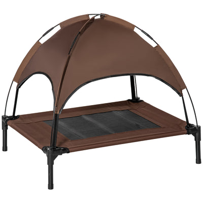 PawHut Raised Dog Bed Waterproof Elevated Pet Cot with Breathable Mesh UV Protection Canopy Coffee, for Medium Dogs, 76 x 61 x 73cm 