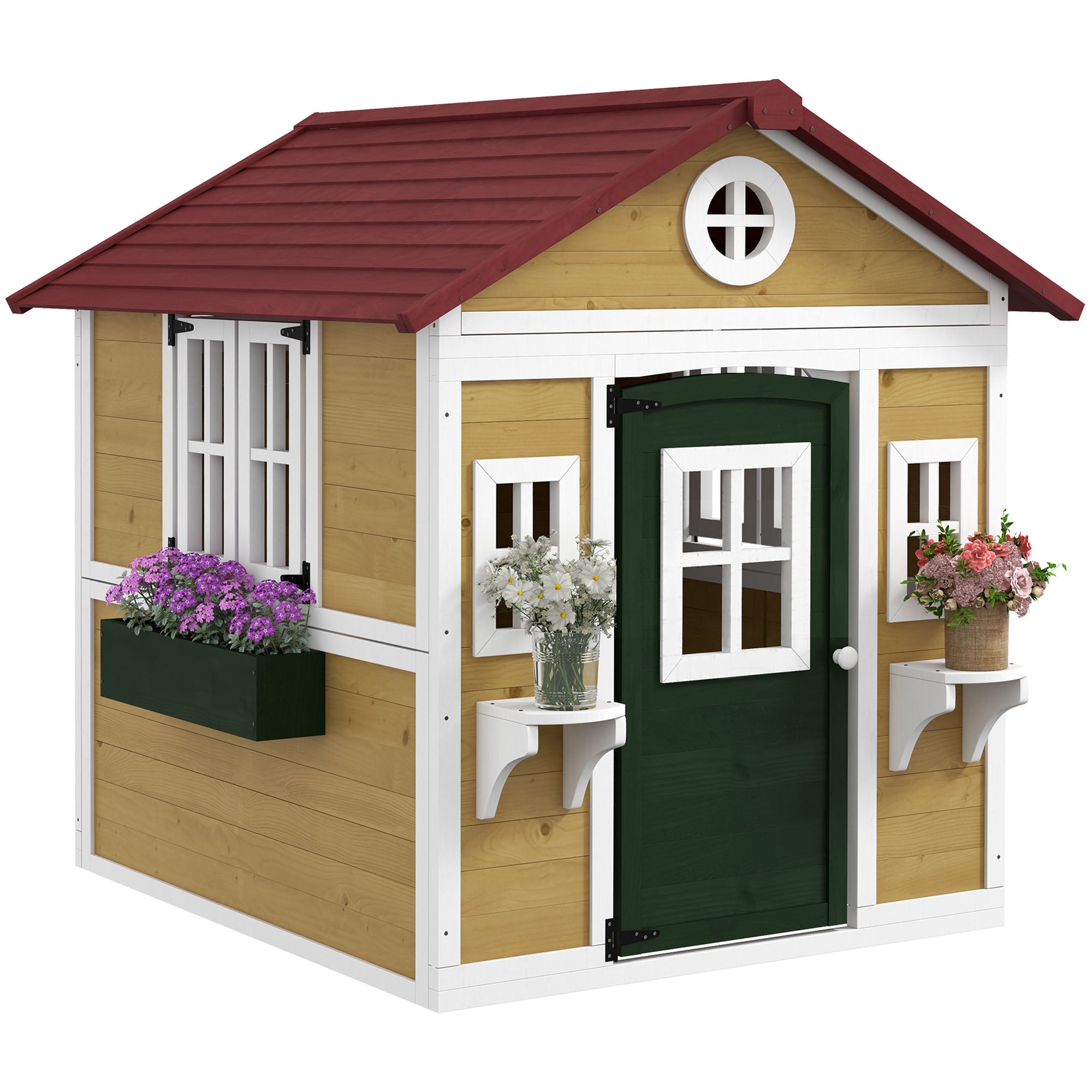 Outsunny Wooden Playhouse with Doors, Windows, Plant Pots, Boxes, for 3-8 Years - Beige 