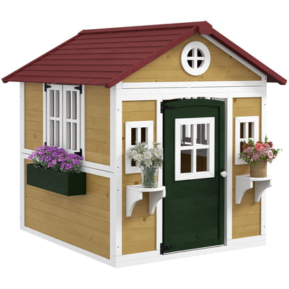 Outsunny Wooden Playhouse with Doors, Windows, Plant Pots, Boxes, for 3-8 Years - Beige 