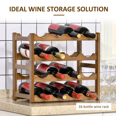 HOMCOM Free Standing Bamboo Wine Rack with 16 Bottles Holder, 4-tier Water Bottle Organiser, Display Shelf for Countertop, Home Bar, Brown 