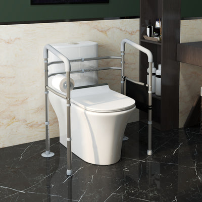 HOMCOM Free Standing Toilet Frame, Height and Width Adjustable Toilet Safety Frame with Arms, 2 Additional Suction Cups, Storage for Elderly, Disabled, Handrail Grab Bar, 136kg Weight Capacity 