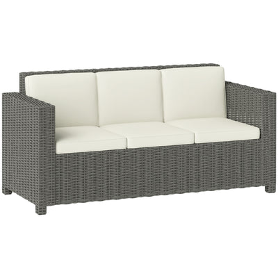 Outsunny 3 Seater Rattan Sofa All-Weather Wicker Weave Metal Frame Chair with Fire Resistant Cushio-Cream 
