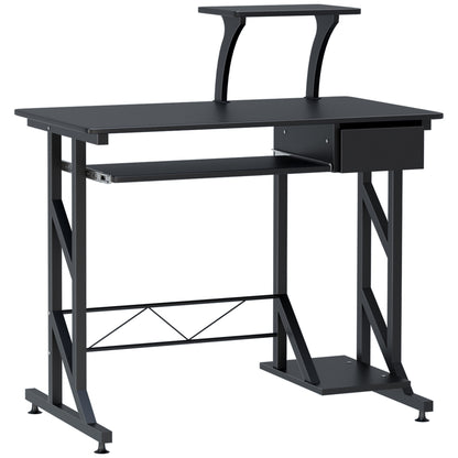 HOMCOM Computer Desk with Display Stand, Sliding Keyboard Tray Drawer and Host Box Shelf Home Office Workstation Black 