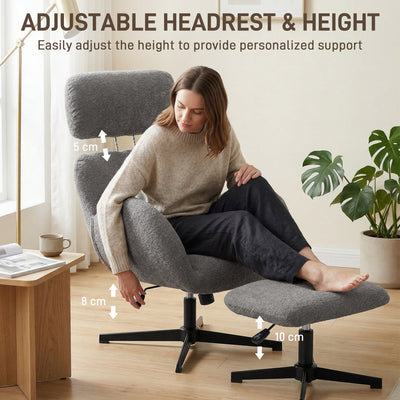 HOMCOM Swivel Armchair and Footstool Set, Height Adjustable Accent Chair with Adjustable Headrest, Rocking Function, Grey 