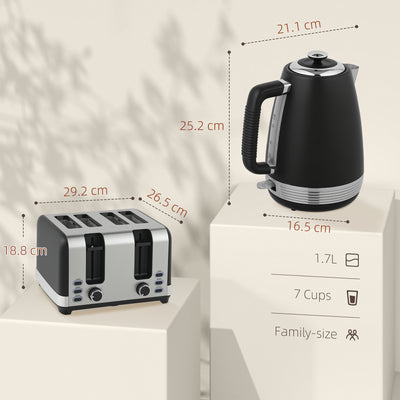 HOMCOM Stainless Steel Kettle and Toaster Set, 1.7L 3000W Rapid Boil Jug Kettle with UK Strix Thermostat, Limescale Filter, 4 Slice Toaster with 7 Browning Controls, Crumb Tray, Black and Silver Tone 
