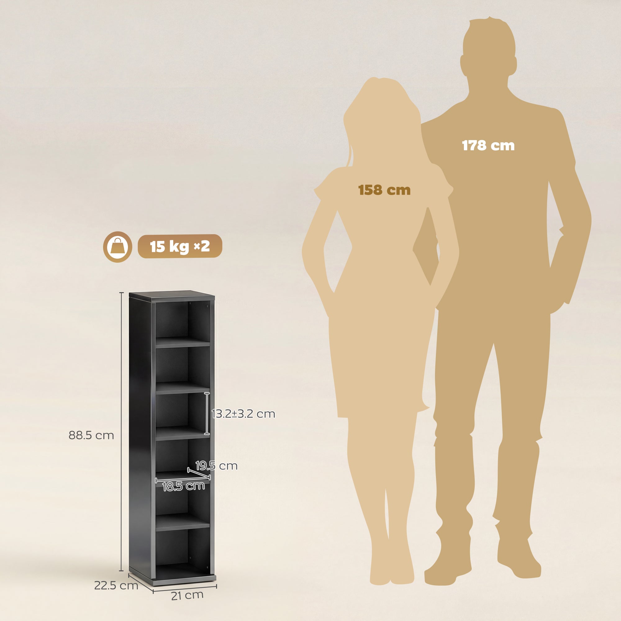 HOMCOM Set of 2 CD Media Display Shelf Unit Tower Rack with Adjustable Shelves, High Gloss Black 