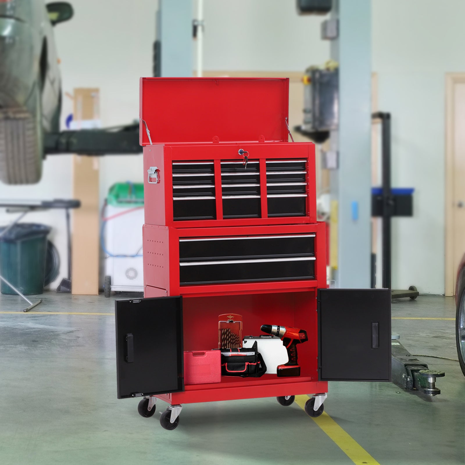 HOMCOM Tool Chest, Metal Tool Cabinet on Wheels with 6 Drawers, Pegboard, Top Chest and Roller Cabinet Combo, 61.6 x 33 x 108cm, Red and Black 